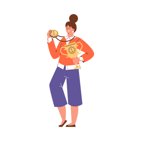 Woman showing gold medal and trophy cup  Illustration