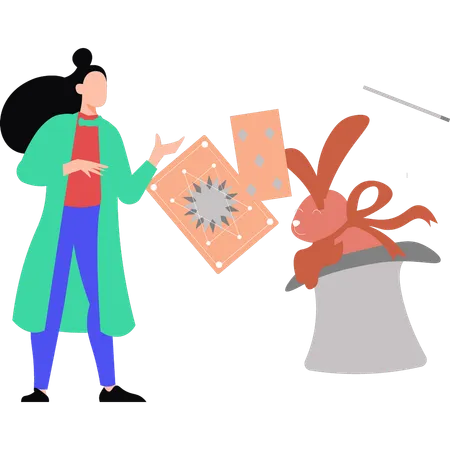Woman showing magic hat rabbit trick  Illustration