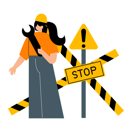 Woman showing maintenance mode at construction site  Illustration