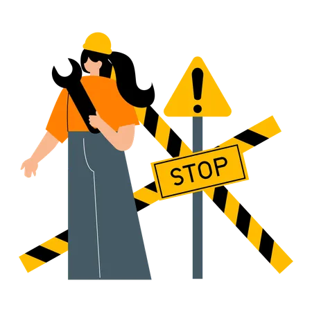 Woman showing maintenance mode at construction site  Illustration