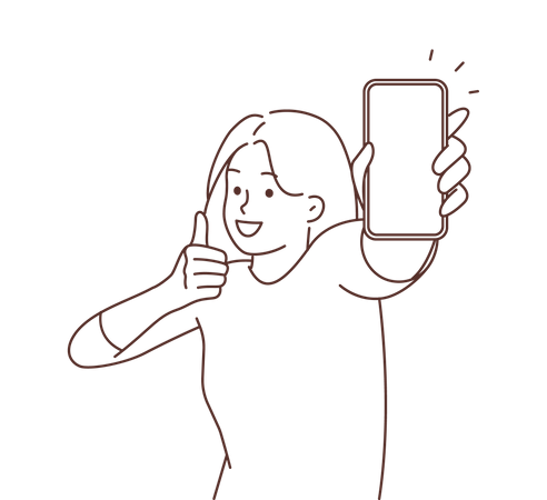Woman showing mobile and thumbs up  Illustration