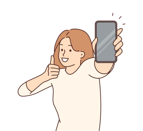 Woman showing mobile and thumbs up  Illustration