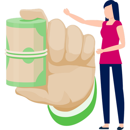 Woman showing money bundle  Illustration