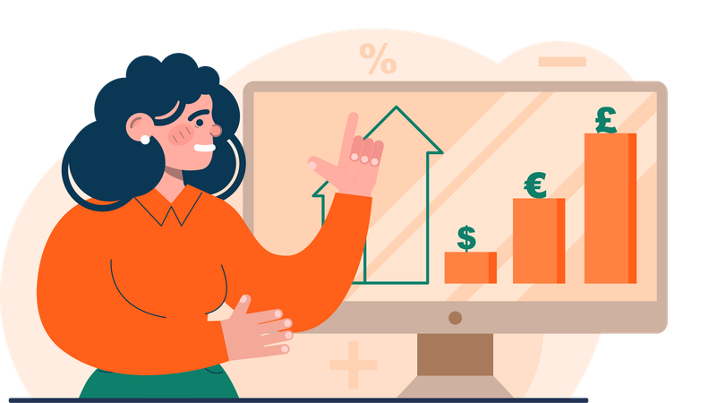 Woman showing online financial growth  Illustration