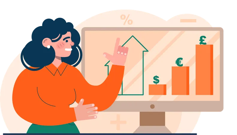 Woman showing online financial growth  Illustration