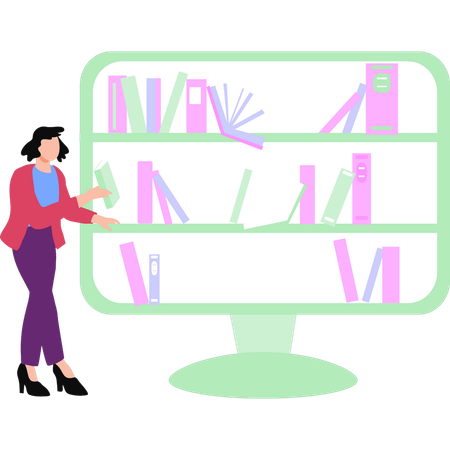 Woman showing online library  Illustration