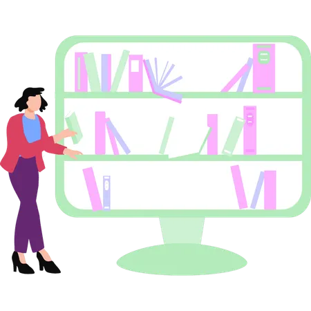 Woman showing online library  Illustration