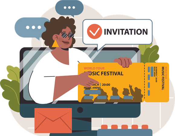 Woman showing online music festival ticket  イラスト
