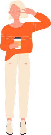 Woman showing peace sign and holding coffee cup  イラスト