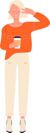 Woman showing peace sign and holding coffee cup  イラスト