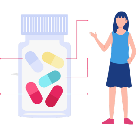 Woman showing pills jar  Illustration