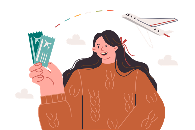 Woman showing plane tickets  イラスト