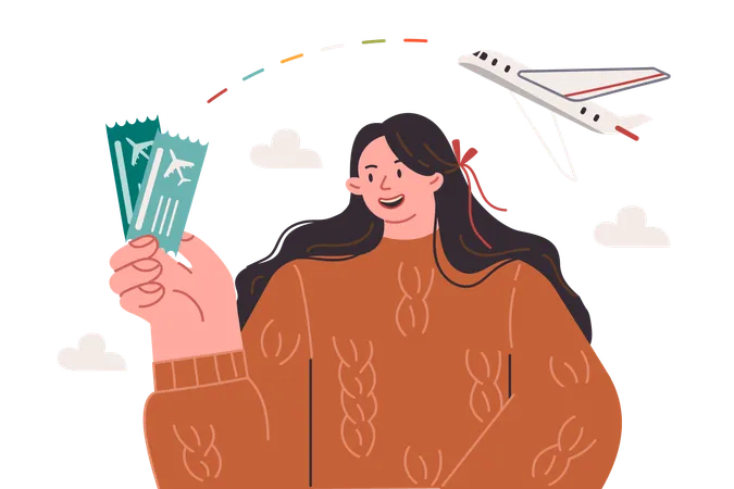 Woman Holds Plane Tickets Offering To Fly Together On Vacation Or Go On Summer Trip Around World Happy Girl Who Bought Plane Tickets Smiles Widely Waiting For Departure From Airport Illustration