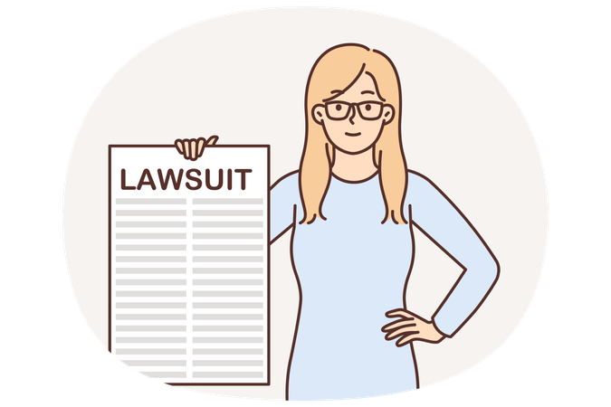 Woman showing poster with lawsuit related to patent infringement or broken business contract deadlines  Illustration
