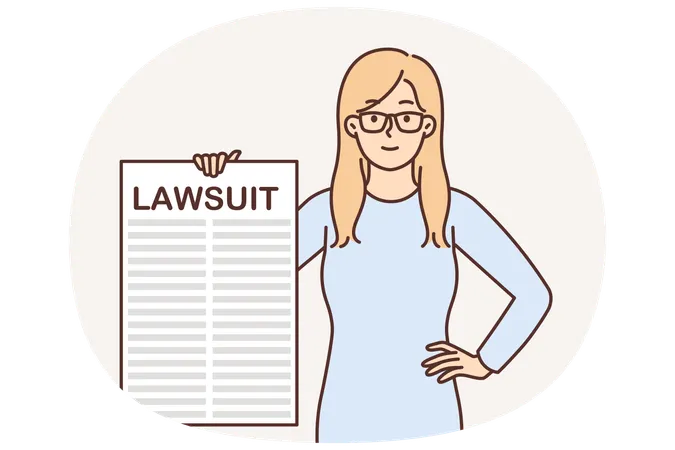 Woman showing poster with lawsuit related to patent infringement or broken business contract deadlines  Illustration