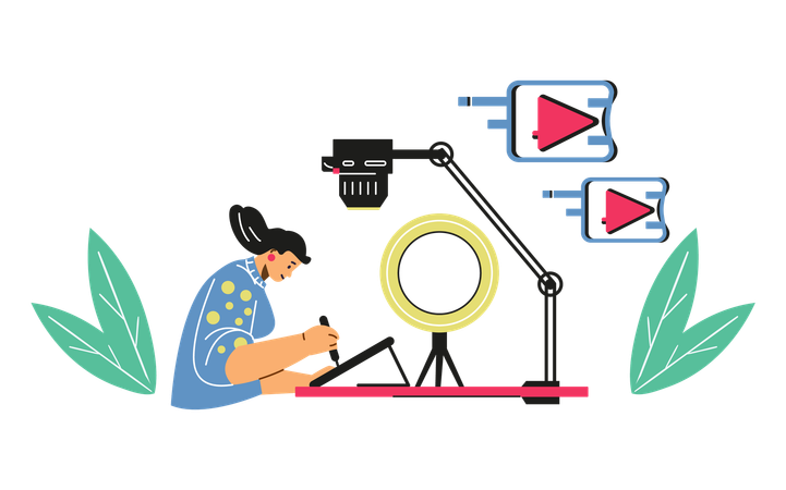 Woman showing process of drawing on graphics tablet in front of camera  Illustration