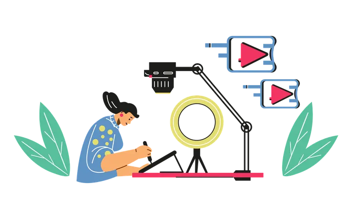 Woman showing process of drawing on graphics tablet in front of camera  Illustration
