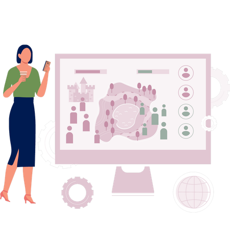 Woman showing profiles on monitor screen  Illustration