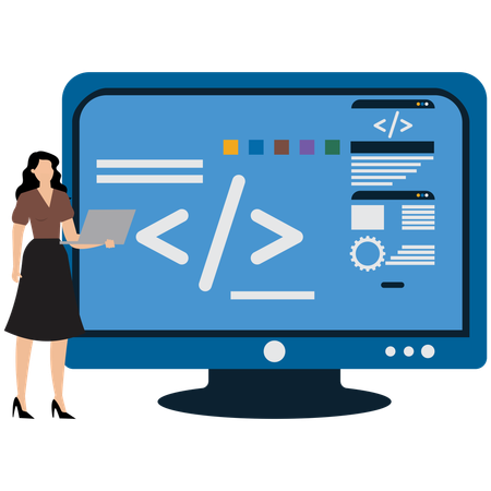 Woman showing Programming Code Screen  Illustration
