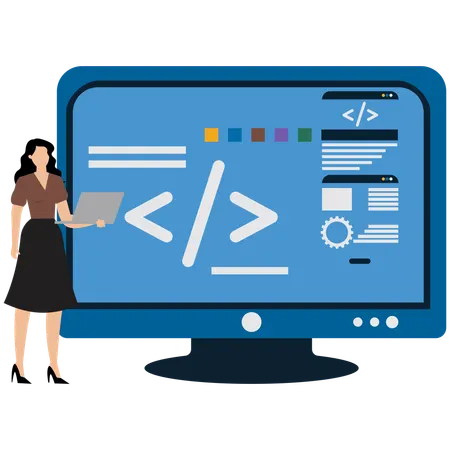 Woman showing Programming Code Screen  Illustration