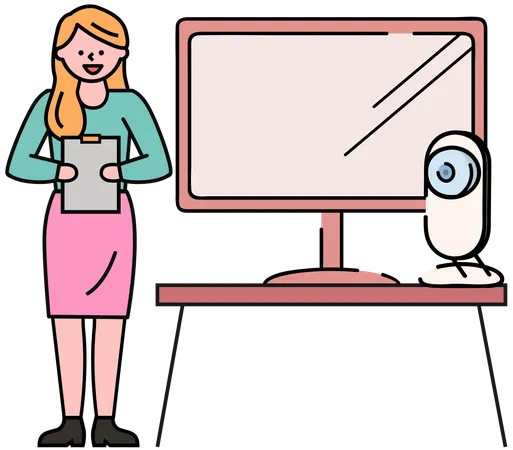 Girl Makes Presentation In Audience Equipment For Work And Study Computer And Webcam Lady Tells Results Of Research Near Monitor Woman Showing Project Presentation On Screen While Recording Video Illustration