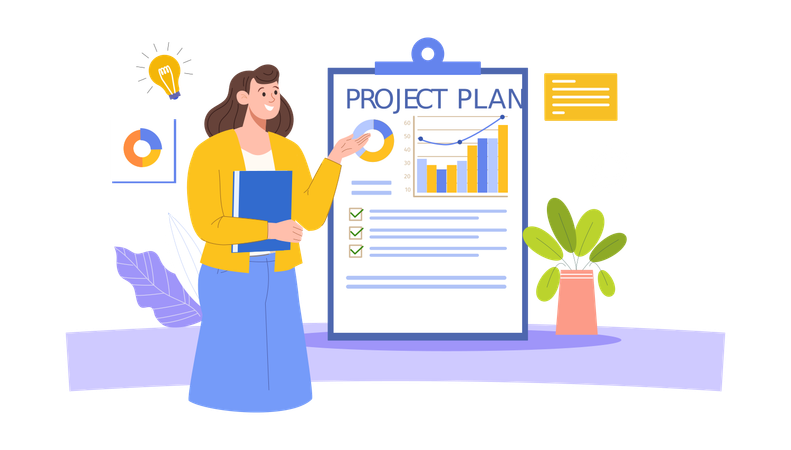 Woman showing project plan with analysis  Illustration