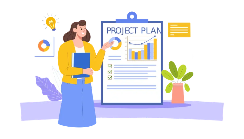 Woman showing project plan with analysis  Illustration