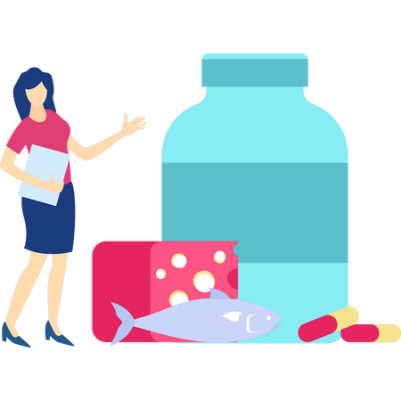 Woman showing protein jar  Illustration