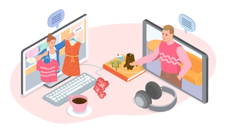 Woman showing purchased clothes on video call Illustration