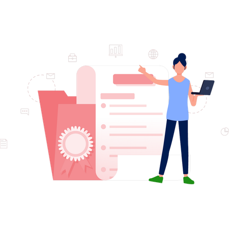 Woman showing quality management folder file  Illustration