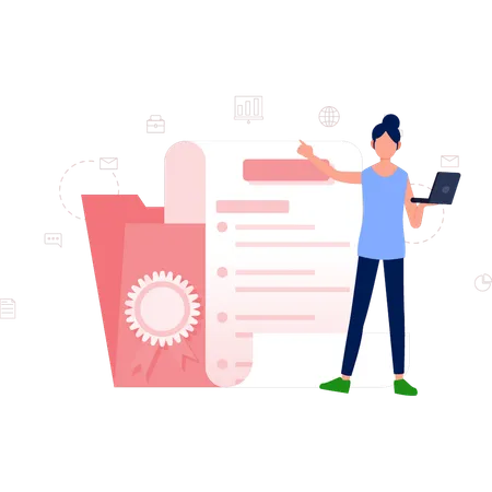 Woman showing quality management folder file  Illustration