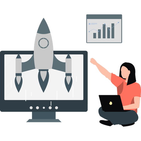 Woman showing startup rocket  Illustration