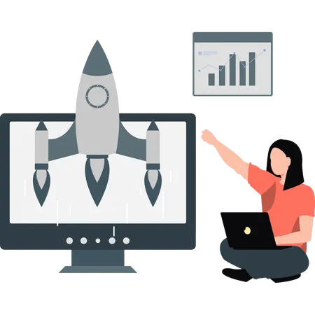 Woman showing startup rocket  Illustration