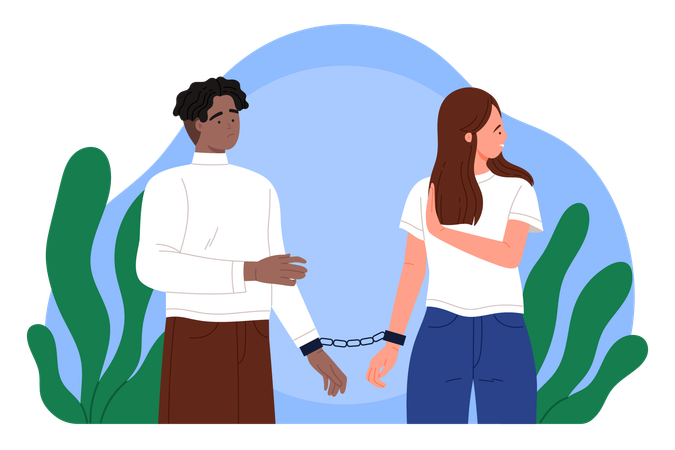 Woman showing stop gesture to sad man  Illustration