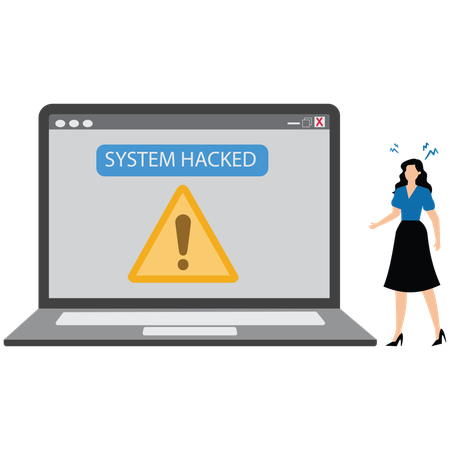 Woman showing System hacked alert after cyber attack on computer network  Illustration