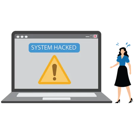 Woman showing System hacked alert after cyber attack on computer network  Illustration