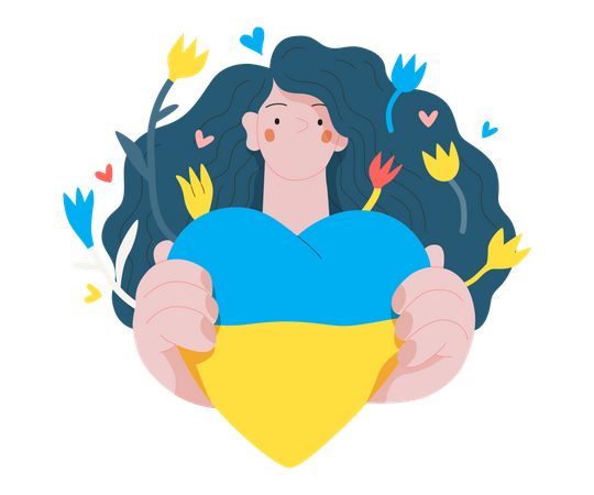 Woman showing the Ukrainian flag colored heart  Illustration