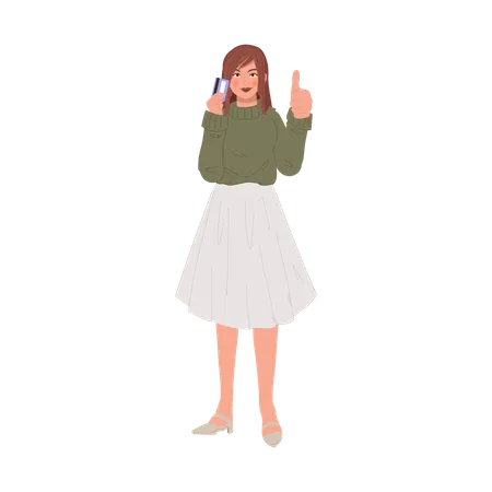 Woman showing thumbs up after credit card shopping  Illustration