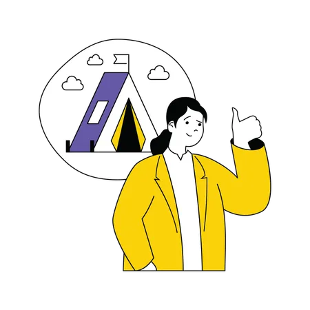 Woman showing thumbs up for camping  Illustration