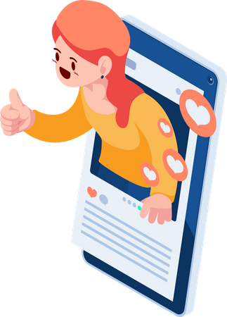 Woman Showing Thumbs Up Sign inside Social Media Application Illustration