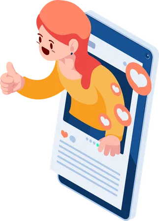 Woman Showing Thumbs Up Sign inside Social Media Application Illustration