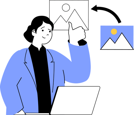 Woman showing thumbs up while doing designing work  Illustration