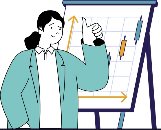 Woman showing thumbs up while doing market analysis  Illustration