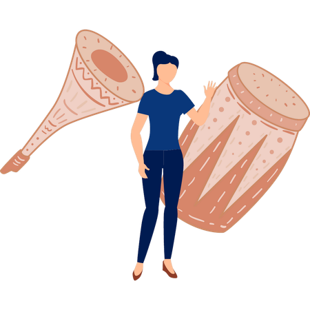 Woman showing trumpet and bongo  Illustration