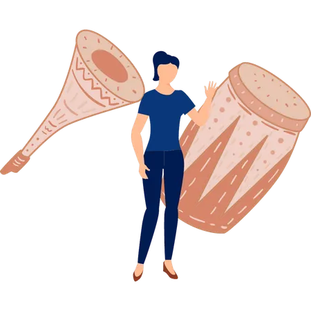 Woman showing trumpet and bongo  Illustration