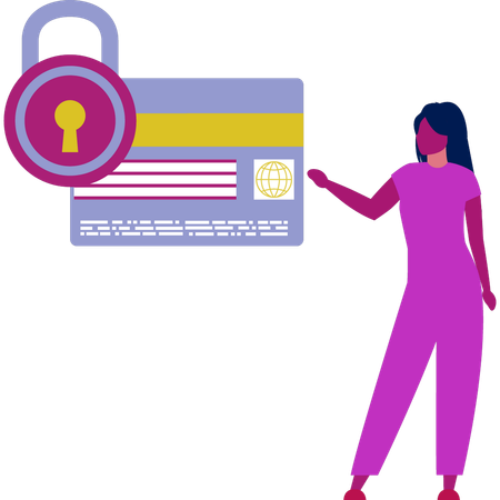 Woman showing up credit card protection  Illustration