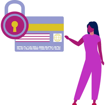 Woman showing up credit card protection  Illustration