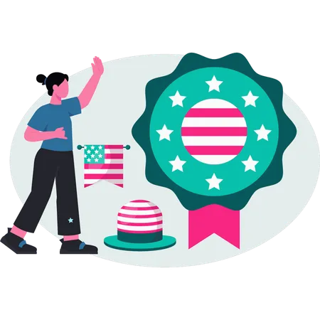 Woman showing USA flag rosette  Illustration