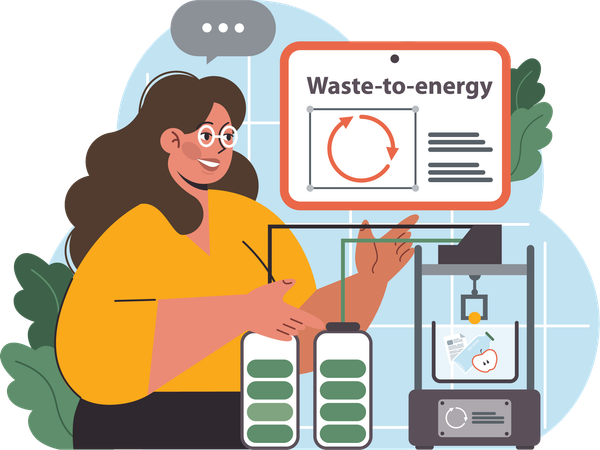 Woman showing Waste-to-energy innovation  Illustration
