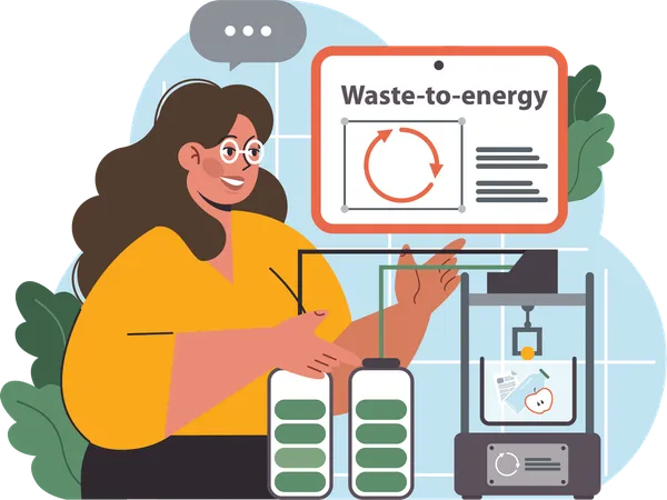 Woman showing Waste-to-energy innovation  Illustration